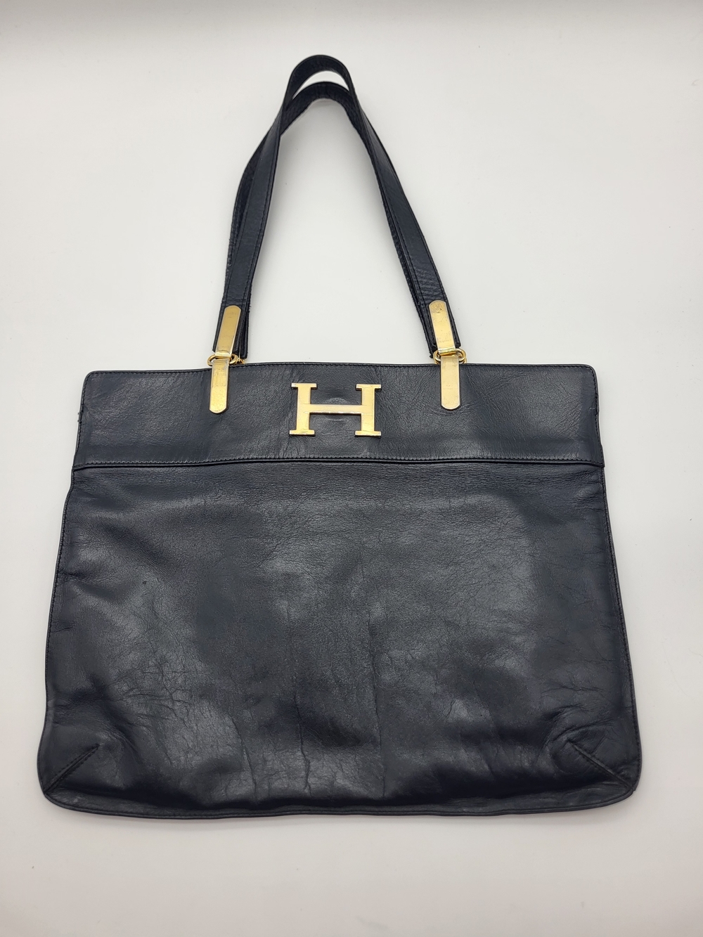 Navy Blue Leather Shoulder Bag with Gold 'H' Accent